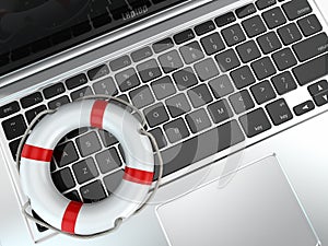 Support. Laptop and life preserver for first help.