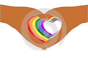 Support LGBTQ concept. Seven pairs of colorful hands in heart shapes on transparent white background, Vector illustration.