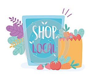Support local business, shop small market, board and paper bag with food