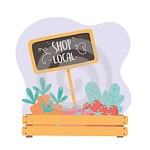 Support local business, shop small market, wooden basket with fresh products