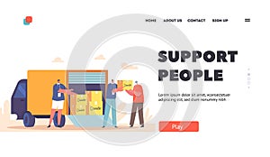 Support People in Need Landing Page Template. Volunteers Give Humanitarian Aid Help Box to Senior Refugee Homeless Man