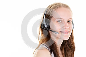 Support phone operator blonde pretty young woman in headset call center in white background