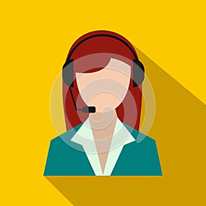 Support phone operator in headset icon, flat style