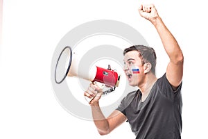 Support Russia. Scream on megaphone Russian football fan in game supporting of Russia national team on white background. Football