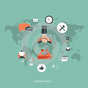 Support service concept. Flat design illustration with icons. Technical support assistance.
