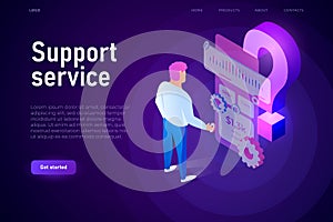 Support service illustration concept. Man interact with FAQ cloud screen. Big isometric 3d question mark.
