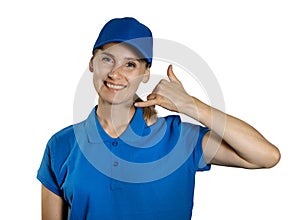 Support service industry - young woman in blue uniform showing call contact gesture. isolated on white background