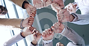 Support, teamwork or business people fist bump in circle for motivation, group mission or collaboration. Team building