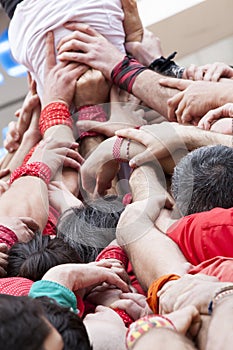 Support teamwork strategy. Group of hands that are joined and pushing up