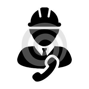Support worker icon vector male construction service person profile avatar with phone and hardhat helmet in glyph pictogram