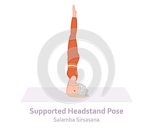 Supported Headstand Yoga pose. Salamba Sirsasana. Elderly woman practicing yoga asana. Healthy lifestyle. Flat cartoon