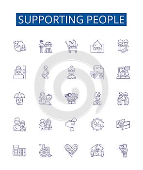 Supporting people line icons signs set. Design collection of Aid, Uplift, Assisting, Easing, Comforting, Nurturing