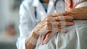 Supportive hand on a senior patient's shoulder in a medical setting.