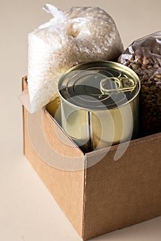 Supportive Housing or Food Donation for Poor Canned Food Rise and Lentils on Light Brown Background Vertical