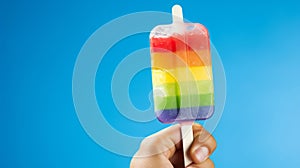 Supportive male hand holding vibrant lgbt pride ice cream with rainbow colors on blue background