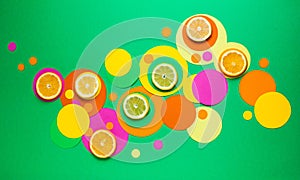 Suprematic colorful geometric shapes background with citrus fruits. Color blocking food and simple forms flat lay concept