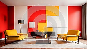 Suprematism style interior design of modern living room with red and yellow armchairs against colorful vibrant wall