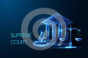 Supreme court, legal system, justice futuristic concept with courthouse, scales, and gavel