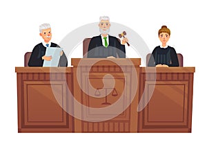 Supreme court tribune. Judges in session, judge holding hammer and justice cartoon vector illustration