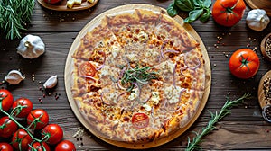 A supreme pizza arranged on a wooden surface with fresh ingredients surrounding it