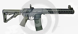 Supressed AR15 SBR with 30rd mag and collapsed stock photo