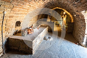 Interior view of a cell for monks at Ateshgah fire temple in Surakhani town, a suburb of Baku, Azerbaijan