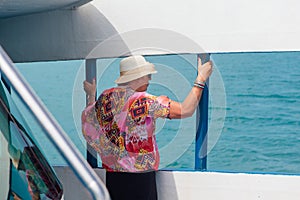 Surat Thai, Thailand - January 24, 2018: Tourists traveling on a ferry to the Koh Samui and Koh Phangan islands