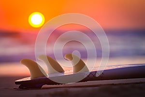Surboard on Beach at Sunset or Sunrise