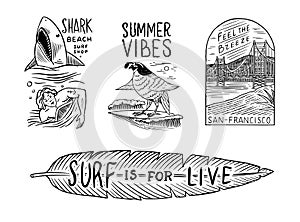 Surf badge. Retro Wave and palm. Summer California pins set. Man on the surfboard, beach and sea. Engraved emblem or