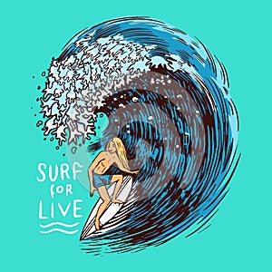 Surf badge. Retro Wave. Vintage Surfer logo. Summer California labels. Man on the surfboard. Engraved emblem hand drawn