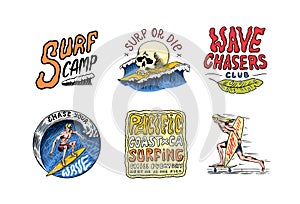 Surf badge, Vintage Surfer logo. Retro Wave and palm. Summer California pins set. Man on the surfboard, beach and sea