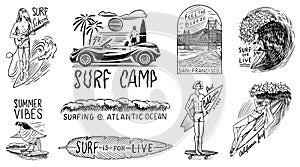 Surf badge, Vintage Surfer logo. Retro Wave and palm. Summer California and San Francisco. Man on the surfboard, beach