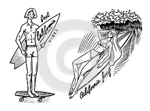 Surf badge, Vintage Surfer logo. Retro Wave. Summer California. Man on the surfboard and sea. Engraved emblem hand
