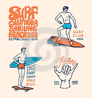Surf badge, wave and ocean. vintage retro background. tropics and california. man on the surfboard, summer on the beach