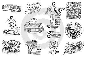 Surf badge and wave, palm tree and ocean. tropics and california. man on the surfboard, summer on the beach and the sea