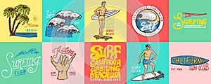 Surf badge and wave, palm tree and ocean. tropics and california. man on the surfboard, summer on the beach and the sea