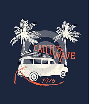 Surf beach vacation in retro surf style for summer