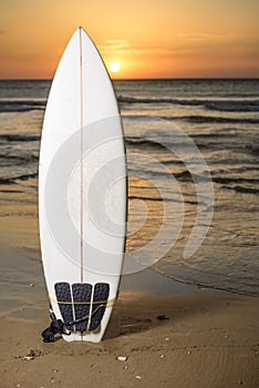 Surf board on the beach by sunset