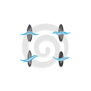 Surf board logo with waterwave vector icon template