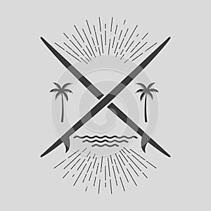 Surf board and palm trees. Vector illustration. Isolated.