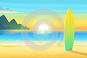 Surf board on a sandy beach. Sunrise or sunset, sand on bay and the mountain wonderful sun shines. Cartoon vector photo