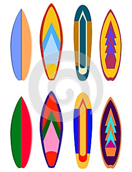 Surf boards designs. Vector surfboard coloring set. Realistic surfboard for extreme swimming, illustration set of surf