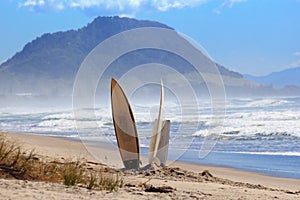 Surf boards sand beach