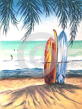 Surf boards on sandy beach. Sunny seascape. Paradise island with palms. Vacation concept. Bright Summer Hand drawn illustration