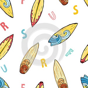 Surf boards seamless pattern hand drawn sketch background, typography design vector illustration