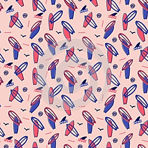 Surf boards and shark fins doodles in pink retro shades seamless pattern