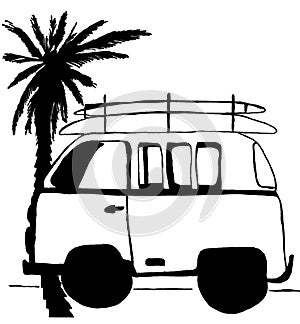 A surf bus in the style of Hawaii with palm trees