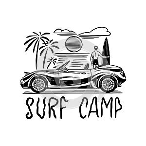 Surf camp badge, Vintage Surfer logo. Retro car. Summer California. Man on the surfboard. Engraved emblem hand drawn