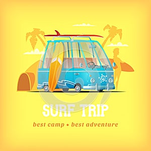 Surf camp vector illustration. Surf bus on a background of palm beach girl holding a surfboard and camp tent