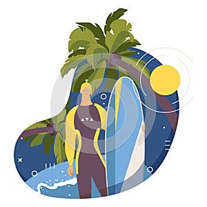 Surf camp vector male character with surfboard standing near palms and big wave. Flat cartoon man smiling design, good for surfing